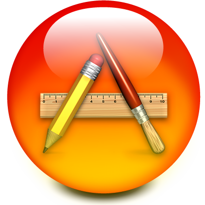 A Mac OS X icon composed of a brush, ruler and pencil,  crafted into the letter 'A'